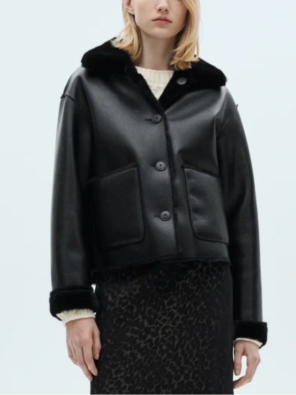 Mango Black Faux Leather Shearling-Trim Jacket